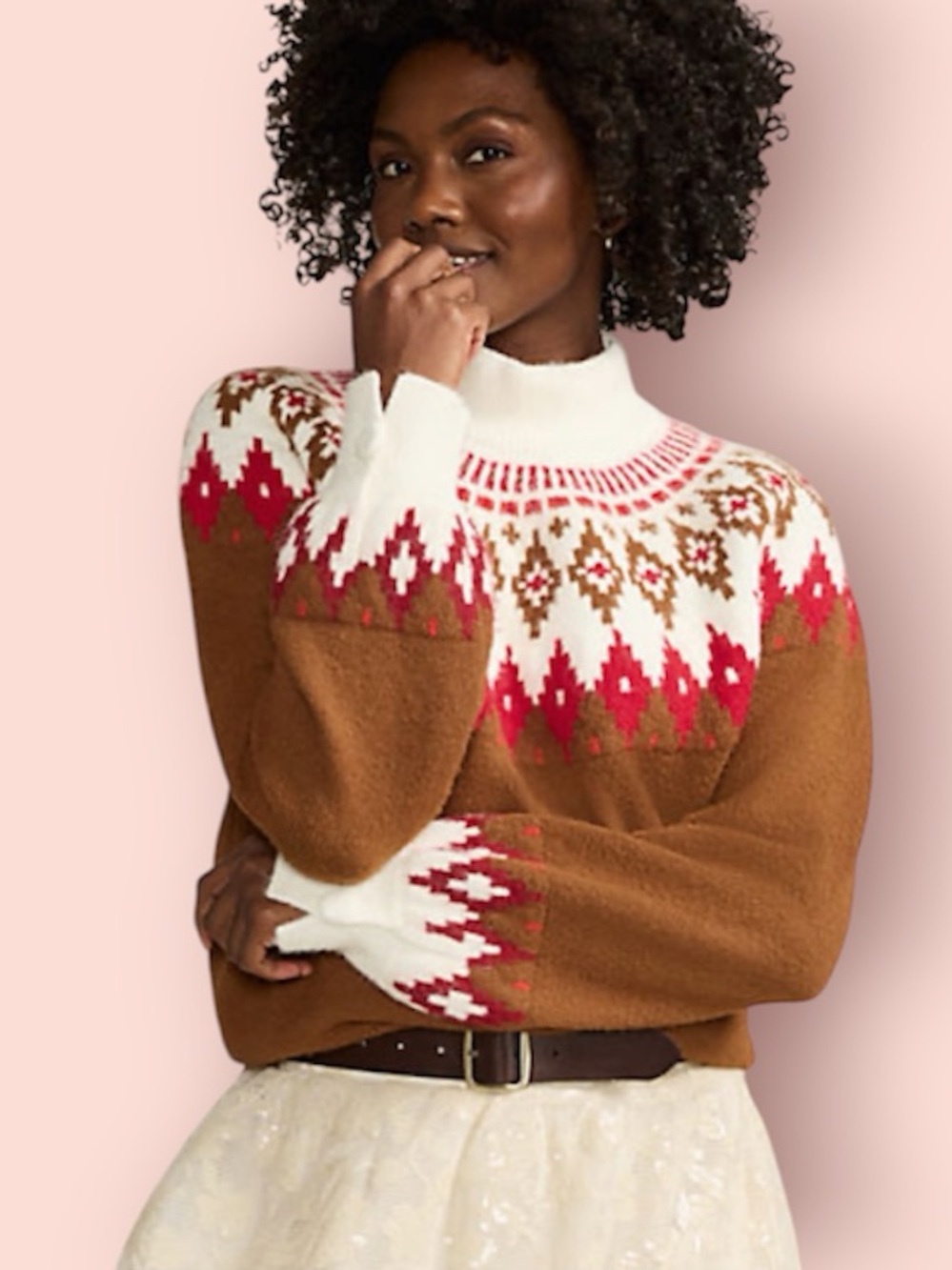 LANDS END Fuzzy Turtleneck Jacquard Sweater Rich Ginger Brown Fairisle